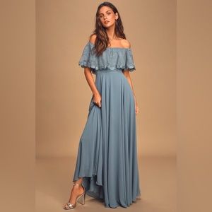 Lulus Everlasting Love Slate Blue Lace Off-The-Shoulder Maxi Dress